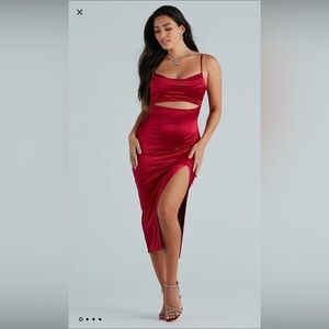 Red Cutout Slit Gown with Cowl Neck for Cocktail